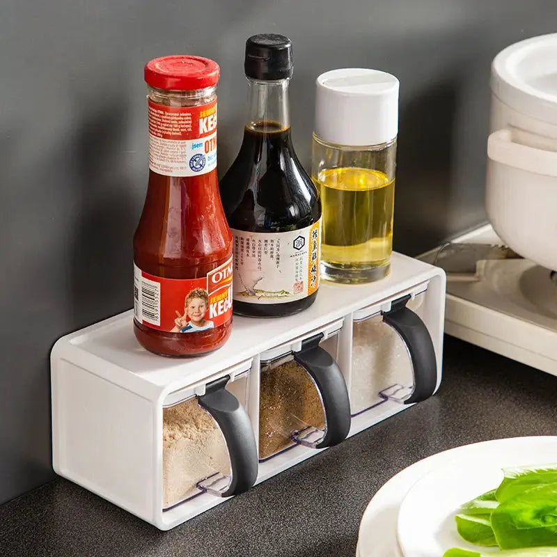 Spice Jars Set | 390ml | Three-Compartment Wall Mount | 3 Jars