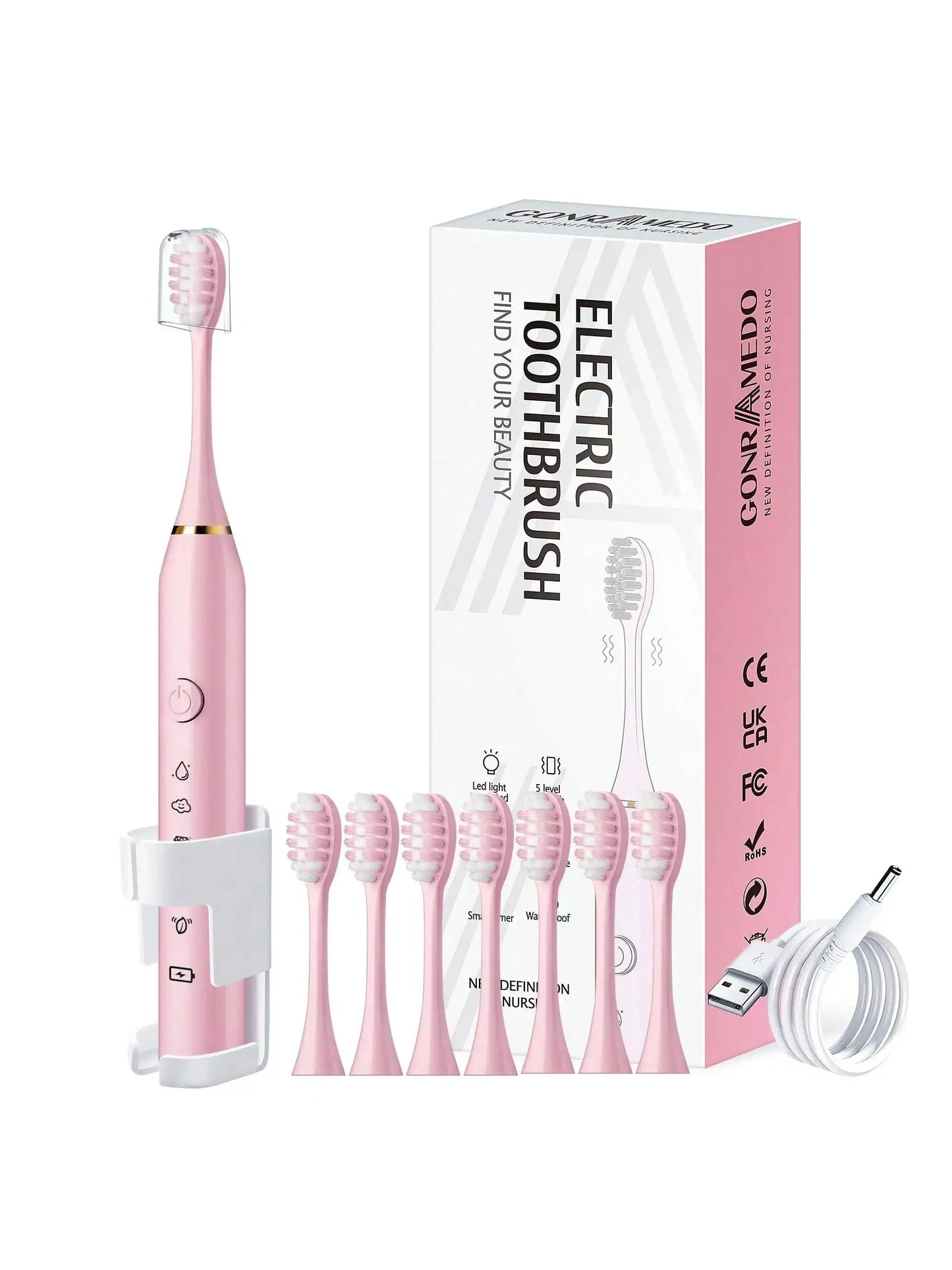 Electric Toothbrush | 8 Replaceable Heads | USB Charging | Pink
