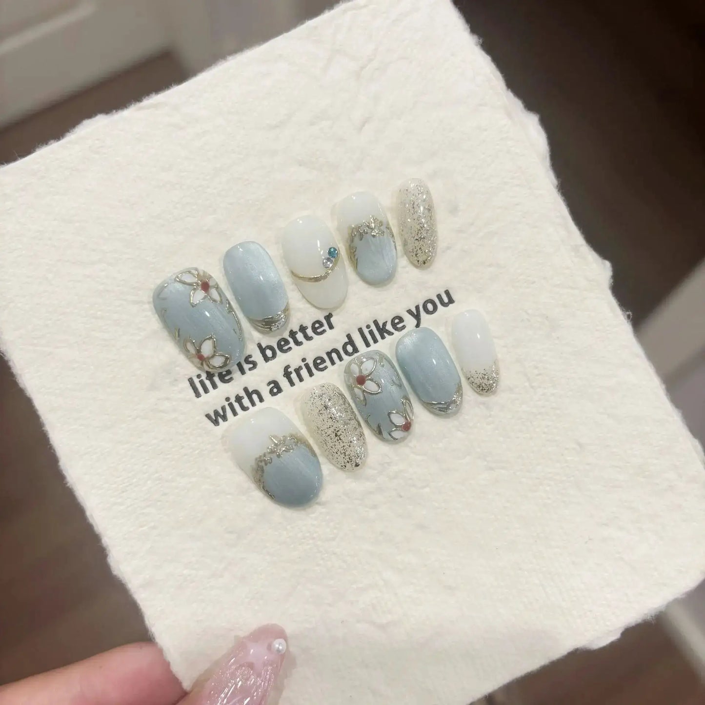 Press On Nails | 3D Flower Almond | Handmade Ballet Grey | 10 Piece Set