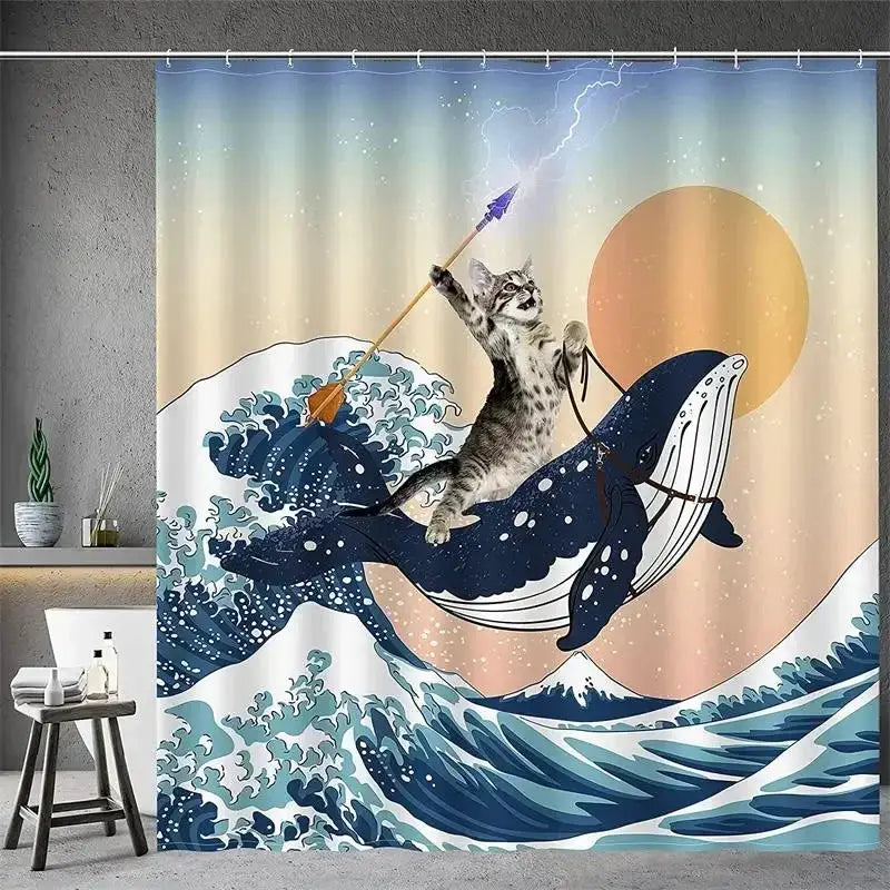 Funny Cat Riding Dinosaur Shower Curtains Cute Animal Sea Waves Surfboard Creative Kids Bath Curtain Set Fabric Bathroom Decor from PriceLows™