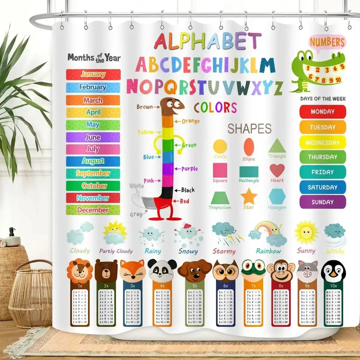 Cartoon Animal Alphabet Shower Curtain Kids ABC Educational Learning Tools Baby Girls Boys Colourful Bath Curtain Bathroom Decor from PriceLows™