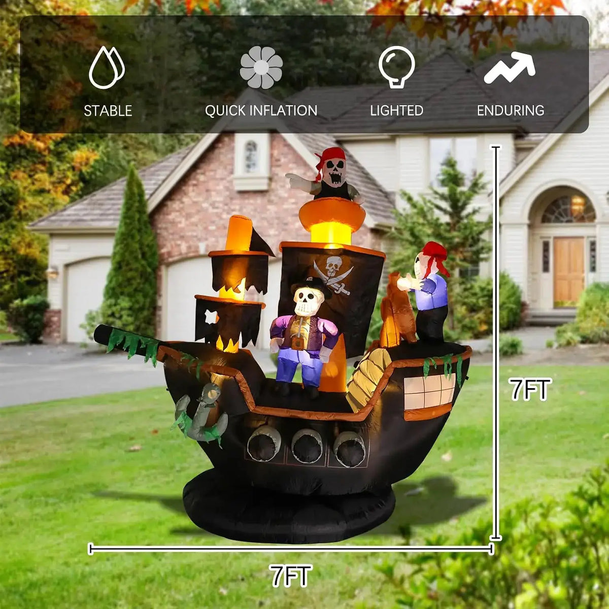 Halloween Inflatable Pirate Ship | 7 Ft Tall | Built In Led Lights