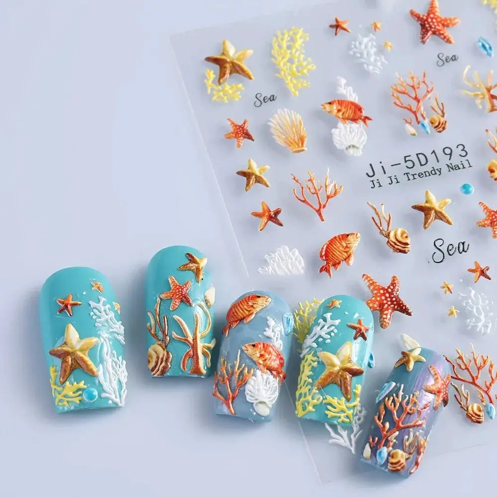 5D Embossed Ocean Nail Stickers Blue Orange Starfish Shell Coral Decals for Summer Beach Vacation Party Music Festival DIY Art from PriceLows™