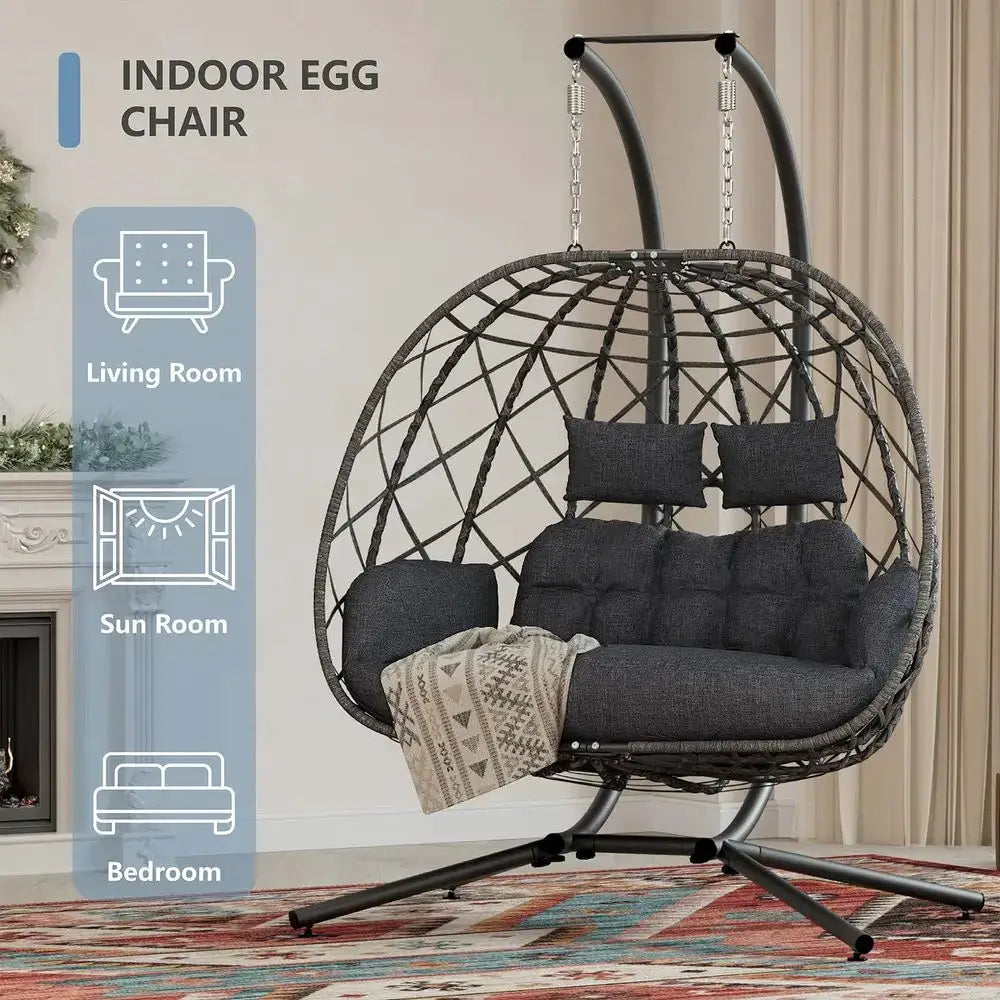 Double Egg Swing Chair with Stand, 2 Person Outdoor Indoor Hammock Hanging Chair with Cushion for Patio Living Room 650 LBS Cap from PriceLows™