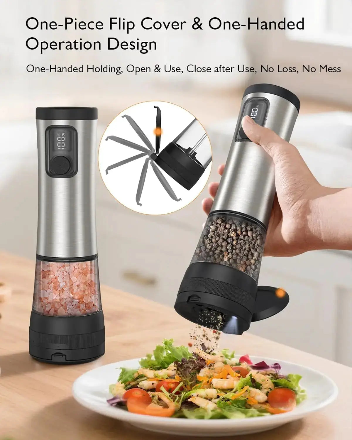 Electric Salt And Pepper Grinder Set | 5 Coarseness Levels | LED | One Handed