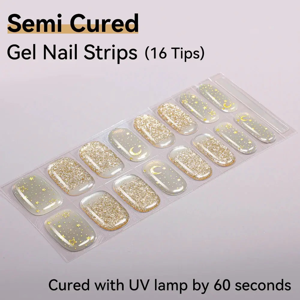 16strips Cartoon UV/LED Semi Cured Gel Nail Strips Pink Glitter Cat Eye Self-Adhesive Gel Nail Wraps Full Cover UV Nail Sticker from PriceLows™