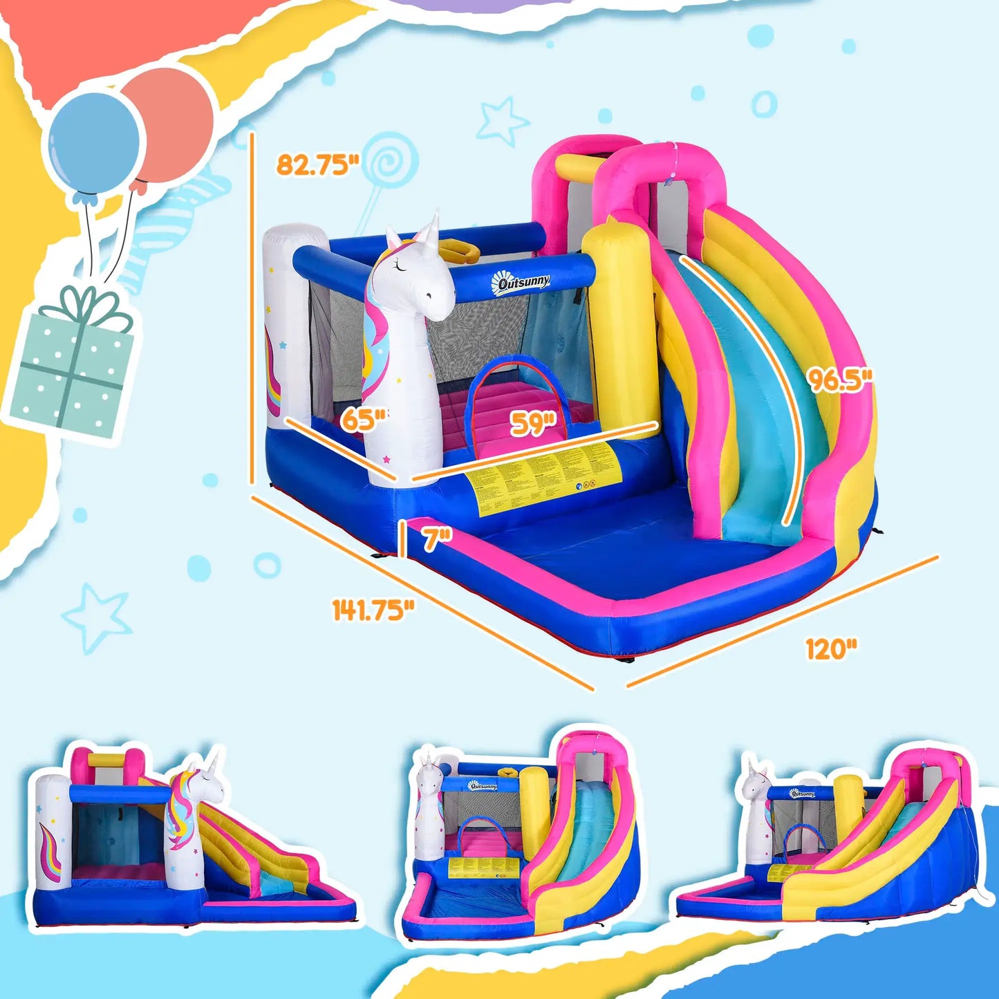 Unicorn 5-in-1 Large Inflatable Bounce House, Inflatable Water Slide for Kids from PriceLows™