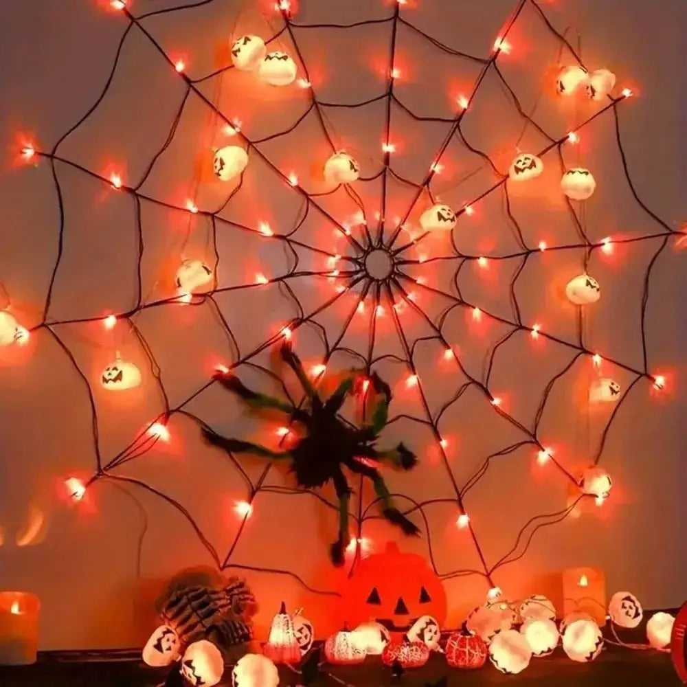 Halloween Spider Web LED String Lights with Plush Spider, USB Powered for Indoor Halloween Party, Haunted House, and Wall Decor from PriceLows™