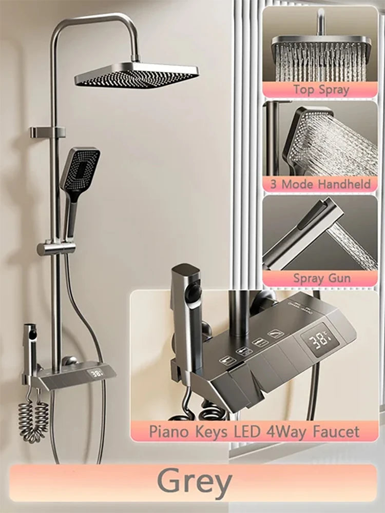 Shower Set | LED Display Brass | Bar Shape Polished | Black White Gray