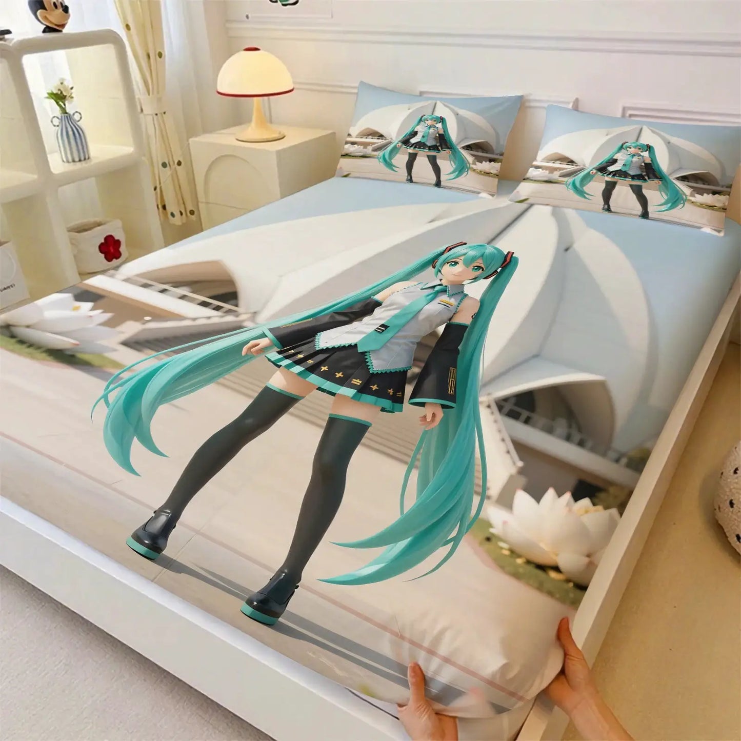 3Pcs Hatsune Miku Fitted Sheet Set with 2 Pillowcases Ice Palace Anime Bedding Set Soft Deep Pocket for Fan & Teen Bedroom Decor from PriceLows™