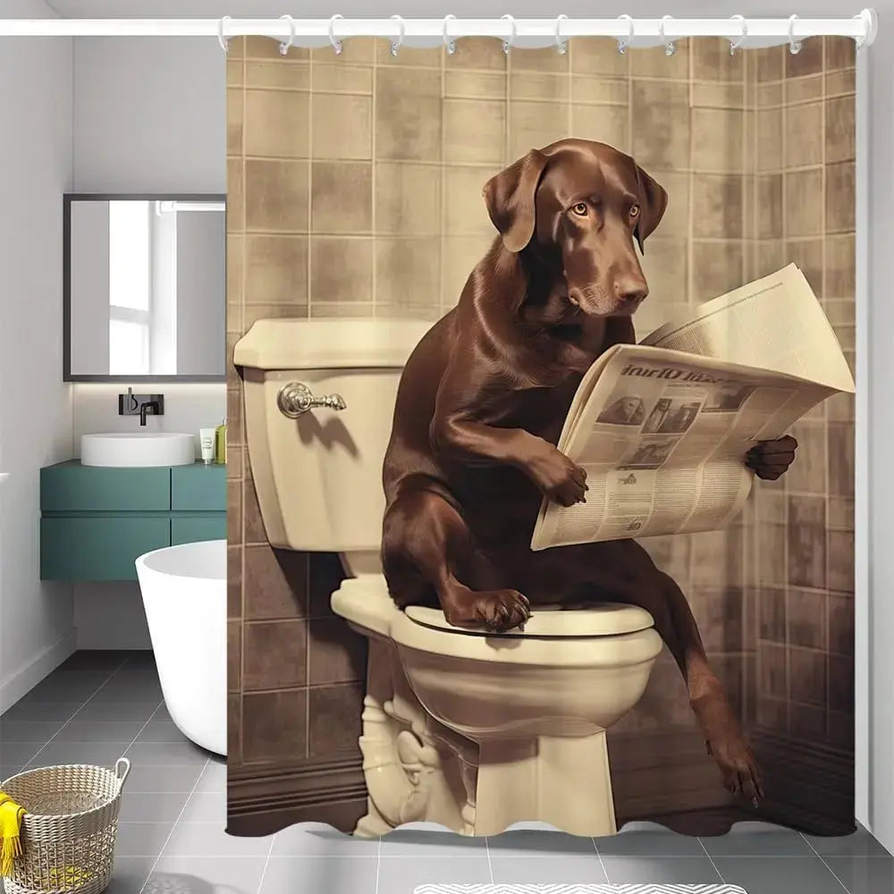 Funny Boxer Dog Bath Shower Curtain,Cute Dogs Reading Newspaper on Toliet Bathroom Curtain Washable Cloth Kids Shower Curtain from PriceLows™