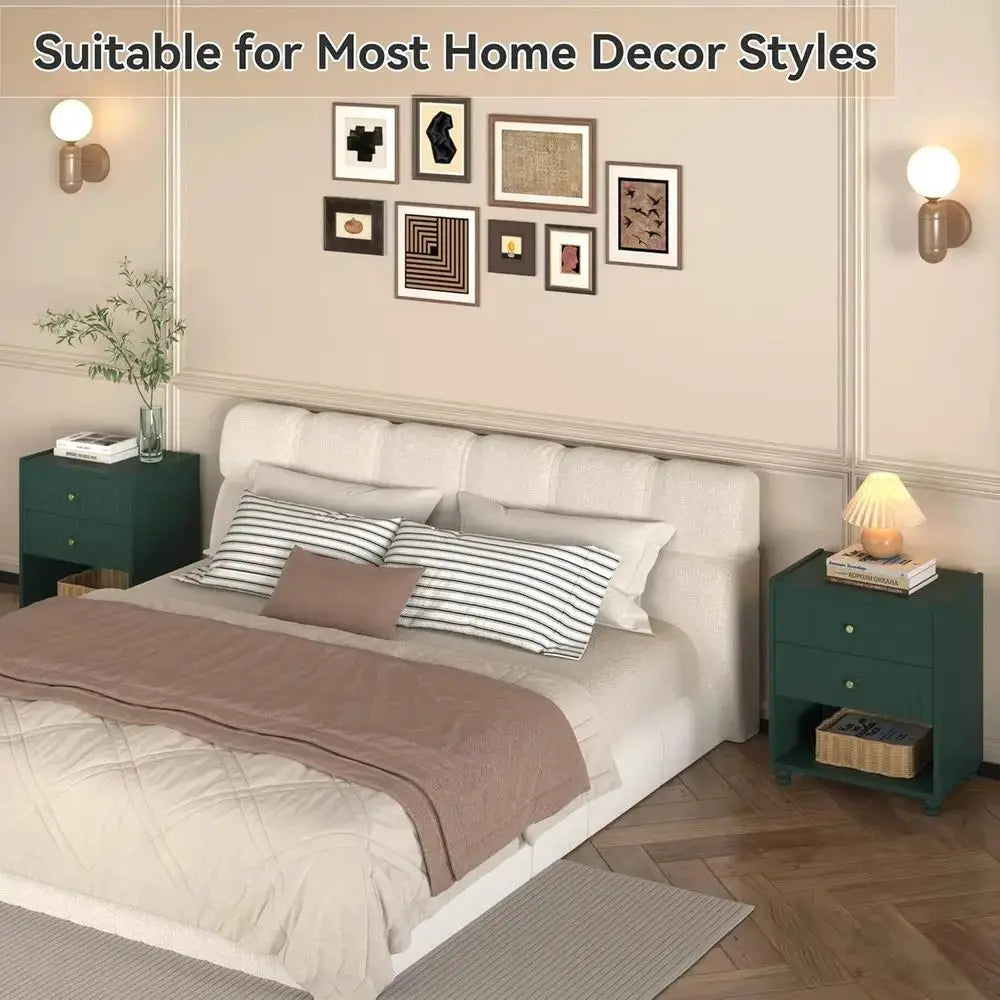Green 2-Piece Nightstand Set with Open Shelf and 2 Drawers for Bedroom from PriceLows™