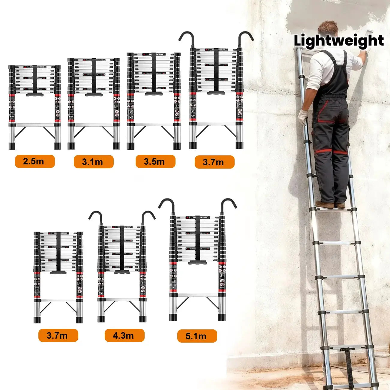 2.6M-5M Extension Ladder Stainless Steel Sturdy and Stable Anti-Slip Feet for Loft Arttic Outdoor EN131 150KG Load Capacity from PriceLows™