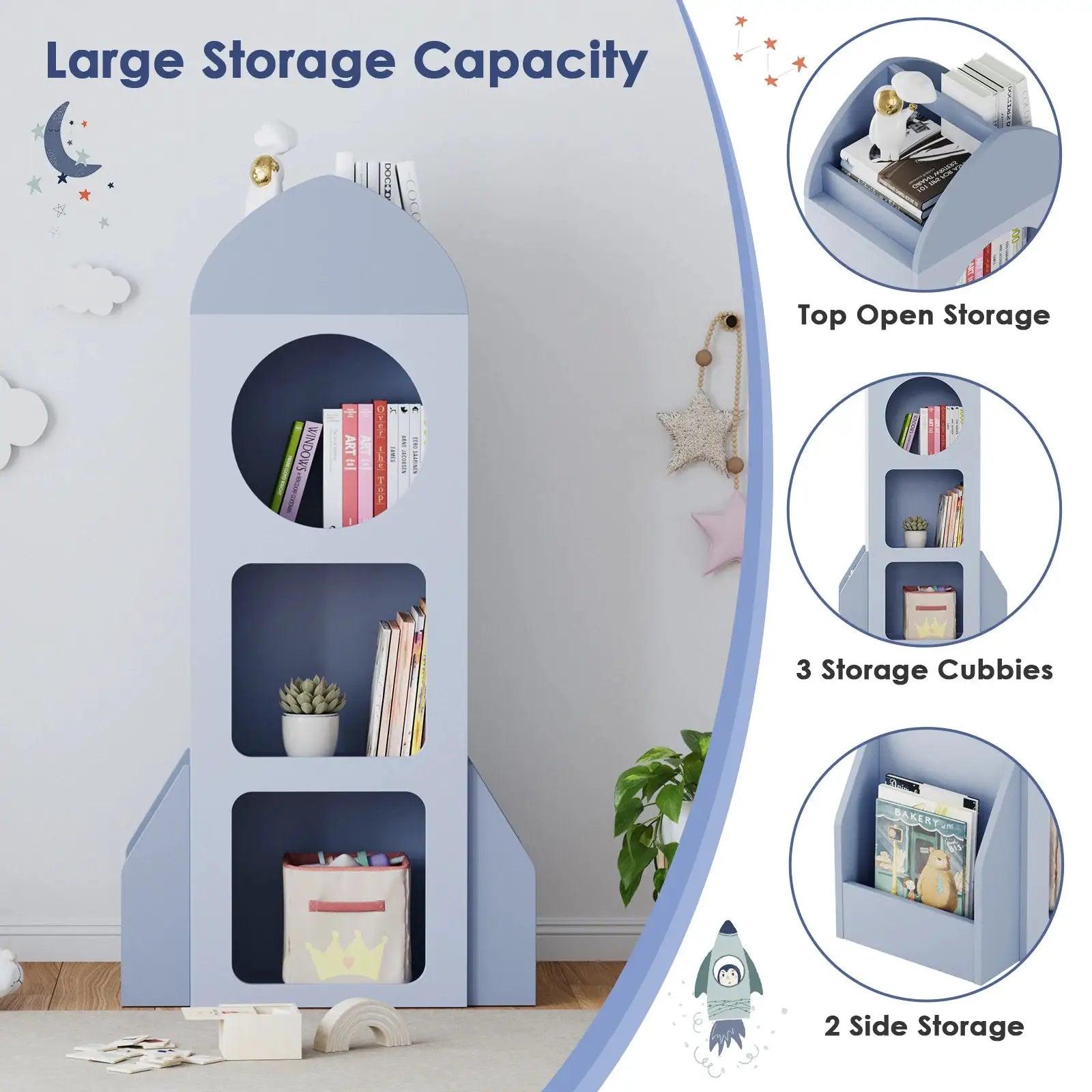 3-Tier Rocket Baby Book Shelf Side shelves, Wood Open Toddler Bookcase, Kids Bookshelf & Toy Storage, Spacious Display Organizer from PriceLows™