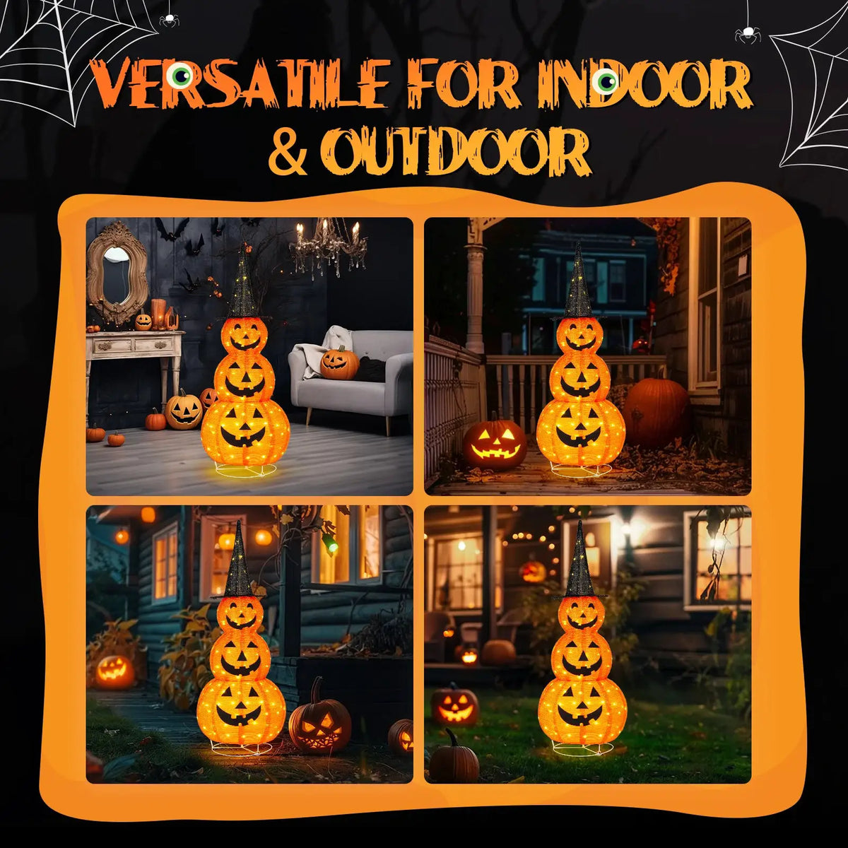 Halloween Pumpkin Decor | 5 Ft Height | 100 LED Lights | Foldable Witch Hat