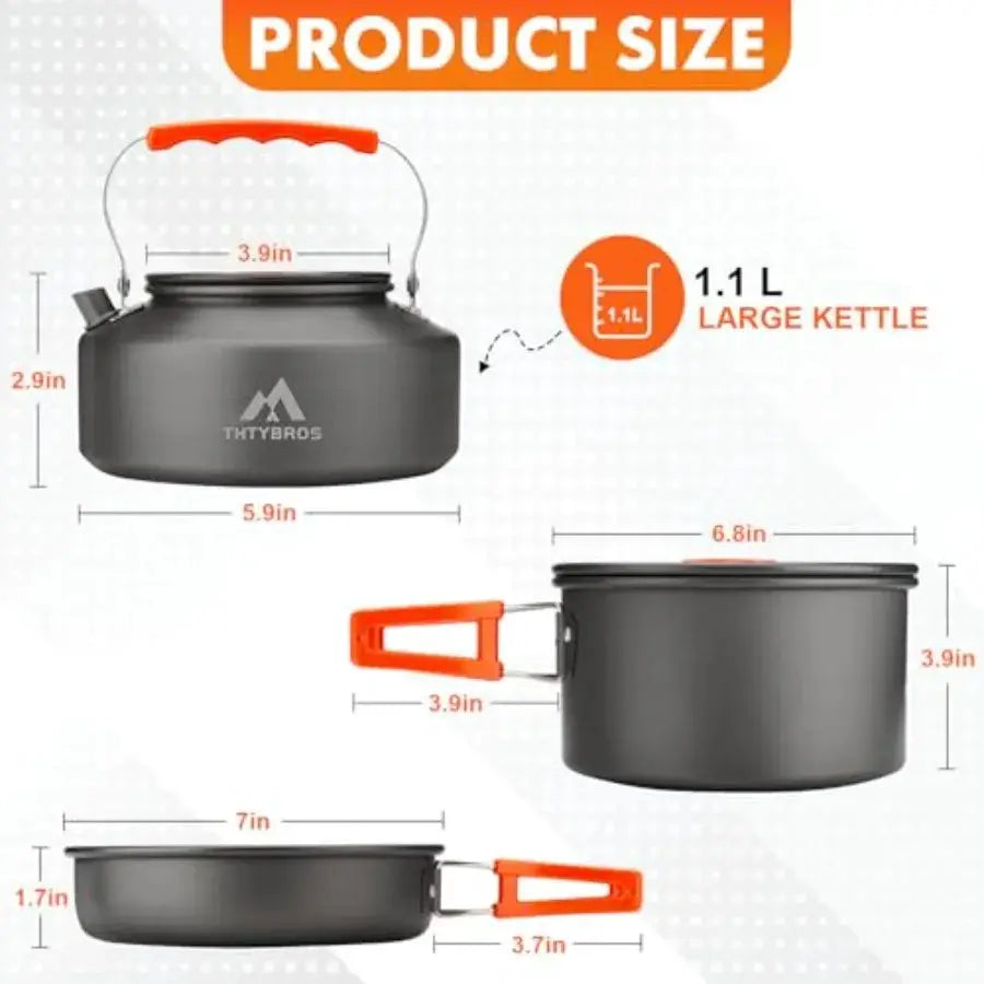 Camping Cookware Kit, 0.45Gal Pot, 7Inch Pan, 0.30Gal Kettle Set with 2 Set Stainless Steel Cups Plates Forks Knives Spoons for from PriceLows™