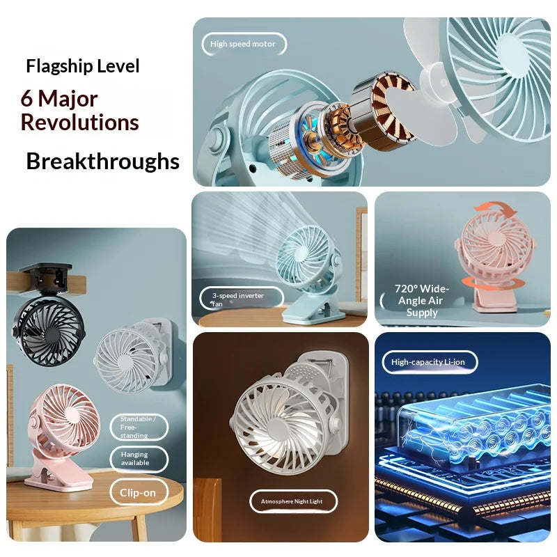 Portable Clip Fan | Rotates 720 Degrees | Night Light | Rechargeable 4W 5V