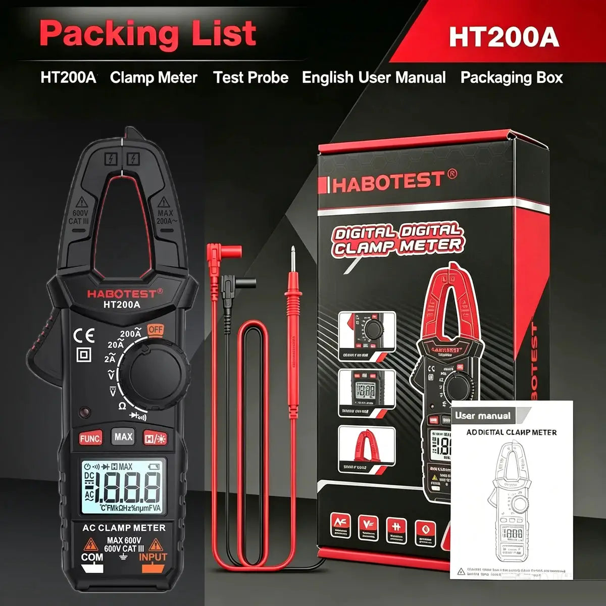 HABOTEST HT200A/D Digital True RMS Multimeter AC/DC 200A Clamp Tester Capacitance Measurement 20MHz Frequency CE RoHS Certified from PriceLows™