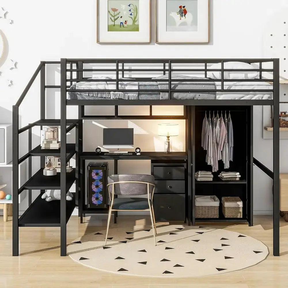 Full-Size Metal Loft Bed with Stairs, Wardrobe, Storage, Desk and Drawers Cabinet for Kids, Teens, and Adults in Black from PriceLows™