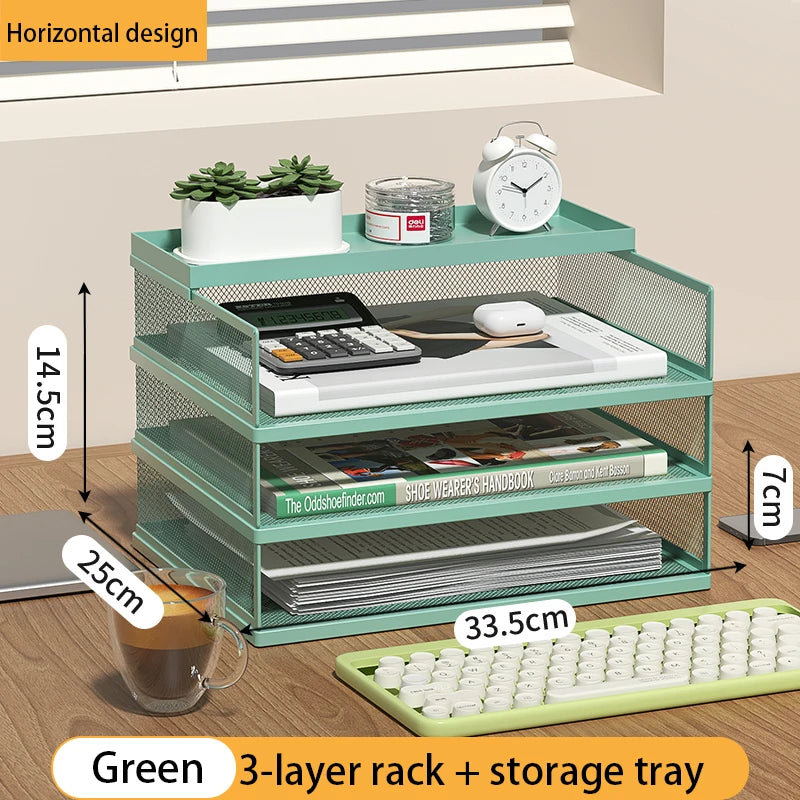 Stackable Letter Tray | 4-Tier | Green Metal | Pen Holder Included