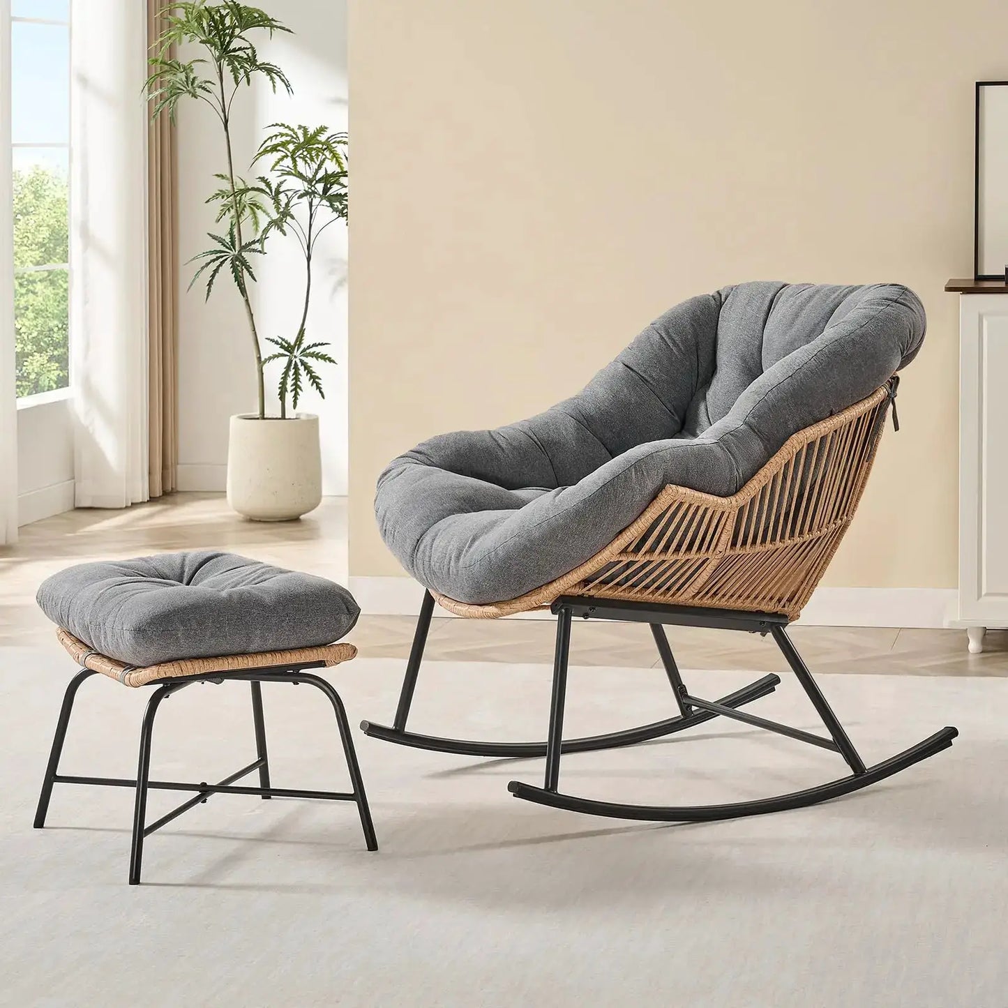 Grey Rattan Papasan Rocking Chair with Ottoman, Oversized Wicker Egg Patio Chair Indoor & Outdoor Lounge Rocker Chair for Garden from PriceLows™