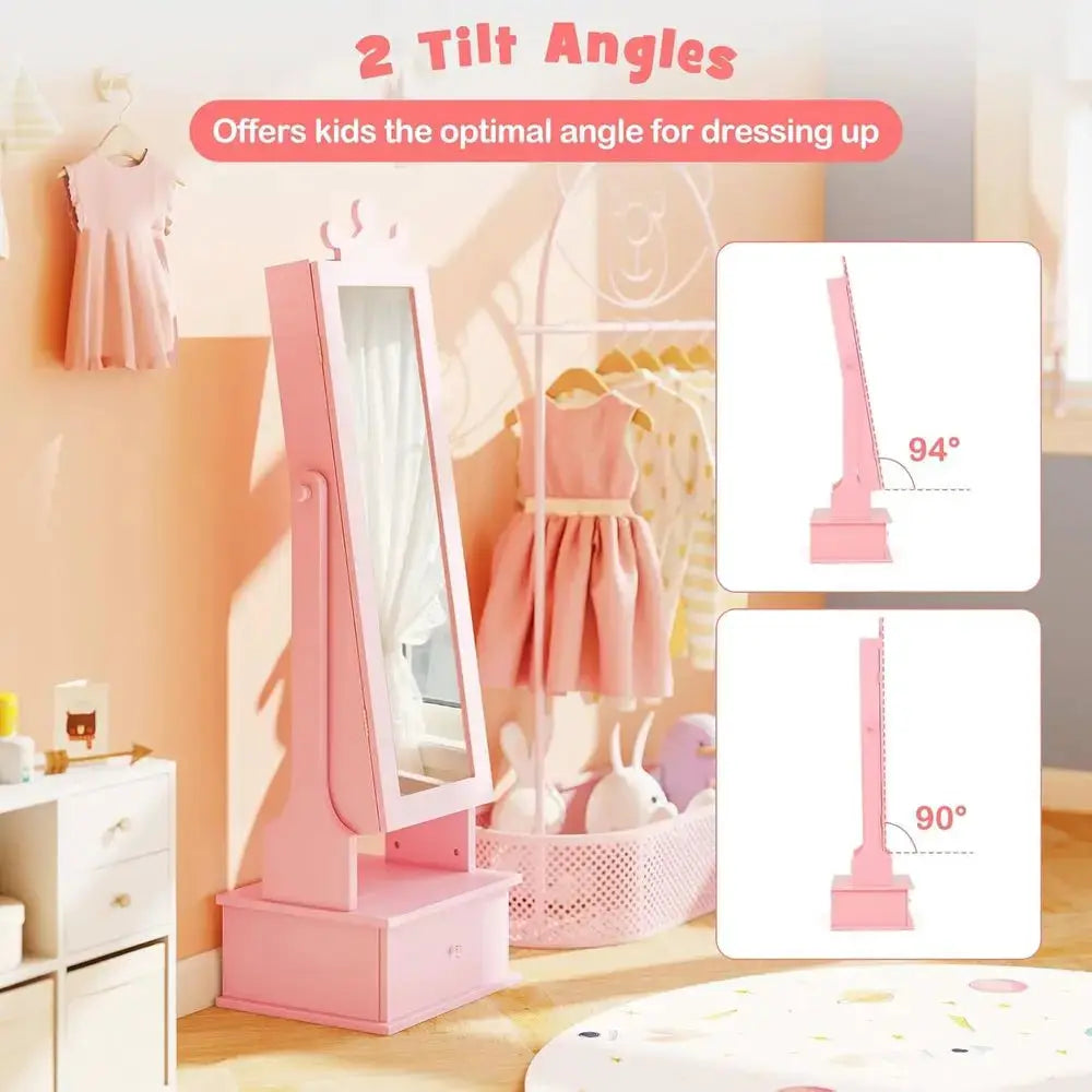 Children's Jewelry Armoire with Full-Length Mirror, 64 Ring Holders, Standing Storage Organizer for Girls, Pink from PriceLows™