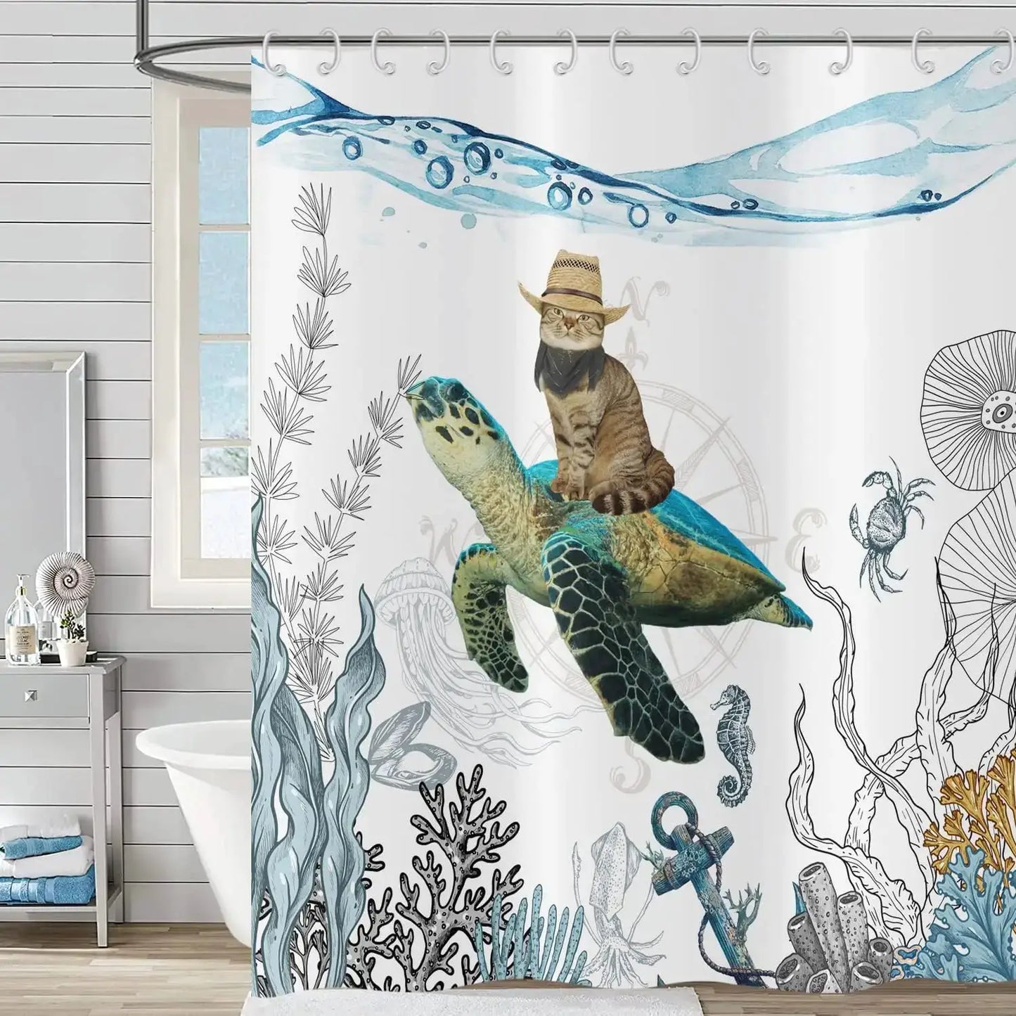 Cute Cat Blue Children Shower Curtain Waterproof Washable Polyester Material Bathroom Decorative Curtain with Hook from PriceLows™