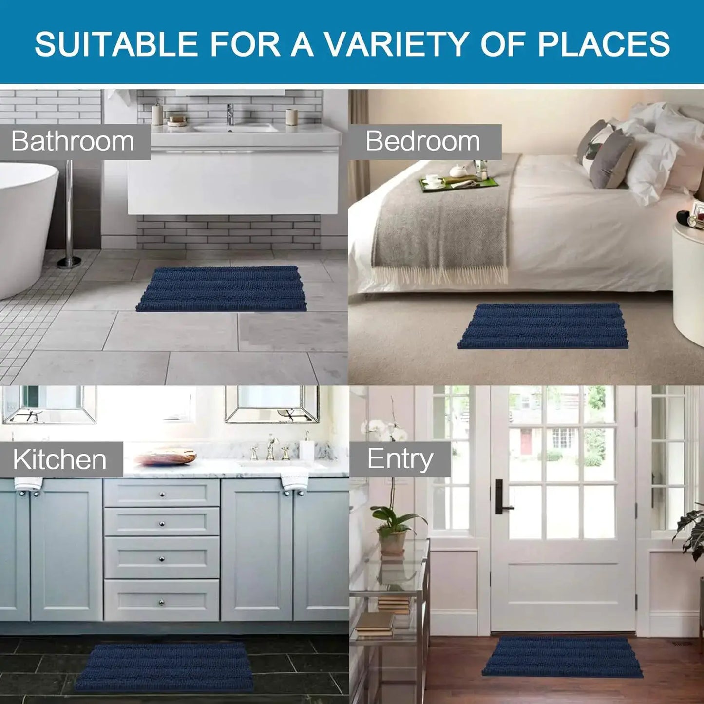 Navy Blue Bathroom Rugs 2 Piece, Bath Mat Set Slip-Resistant Extra Absorbent Soft and Fluffy Striped Chenille Bath Rugs from PriceLows™