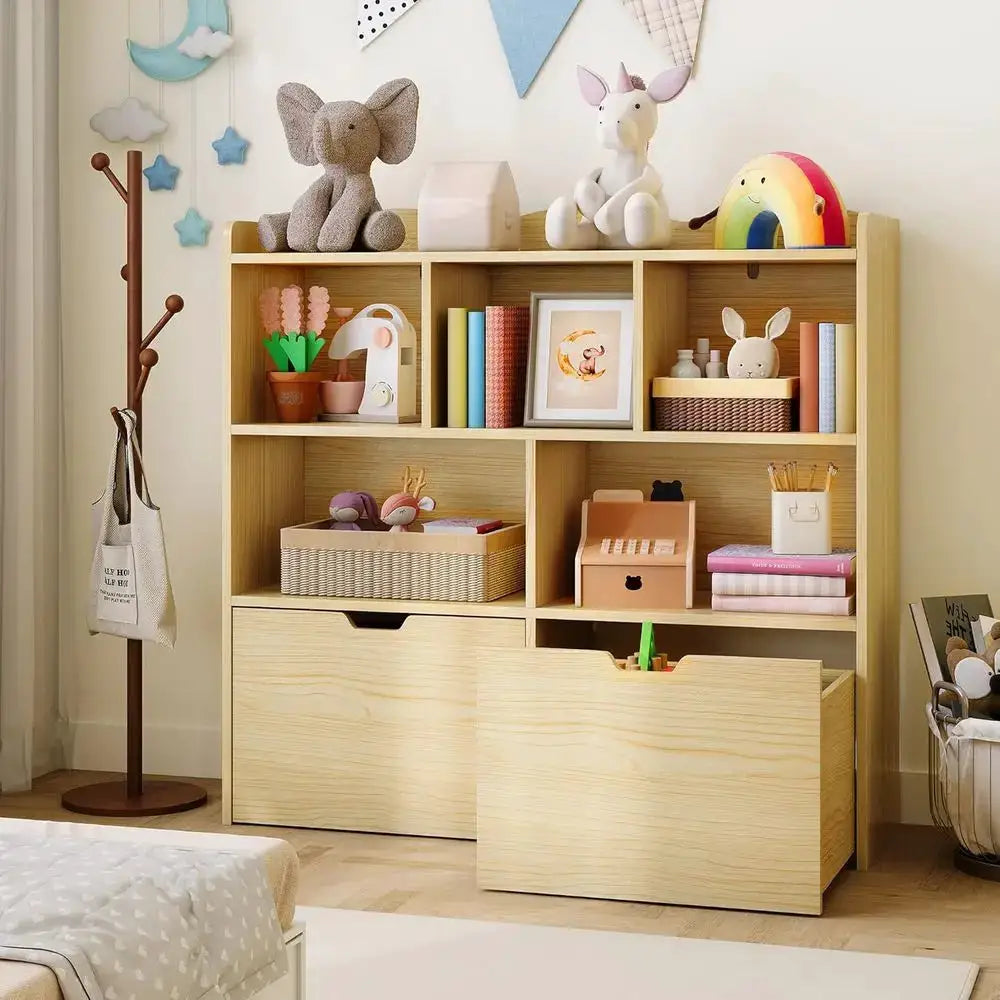 Children's Bookcase and Toy Storage Organizer with Movable Drawers, Natural Finish from PriceLows™