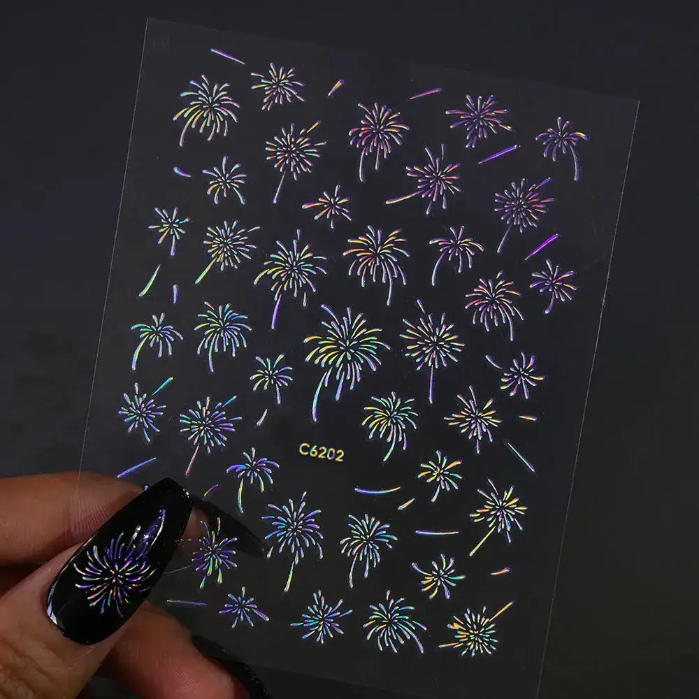 1PC Laser Fire work Nail Stickers 3D Self-Adhesive Blooming Fire-work Nail Decals New Year Firework Design Nail Slider 10*8cm from PriceLows™