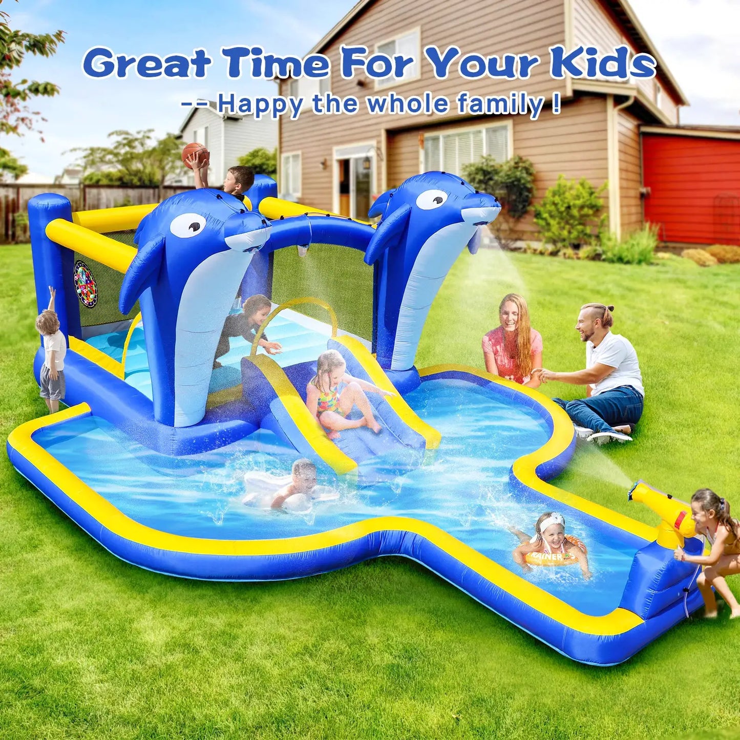 Inflatable Bounce House Wet Dry Water Slide Kids Jumping Castle For Outdoor Backyard with Dolphin sprinkler & Target games from PriceLows™