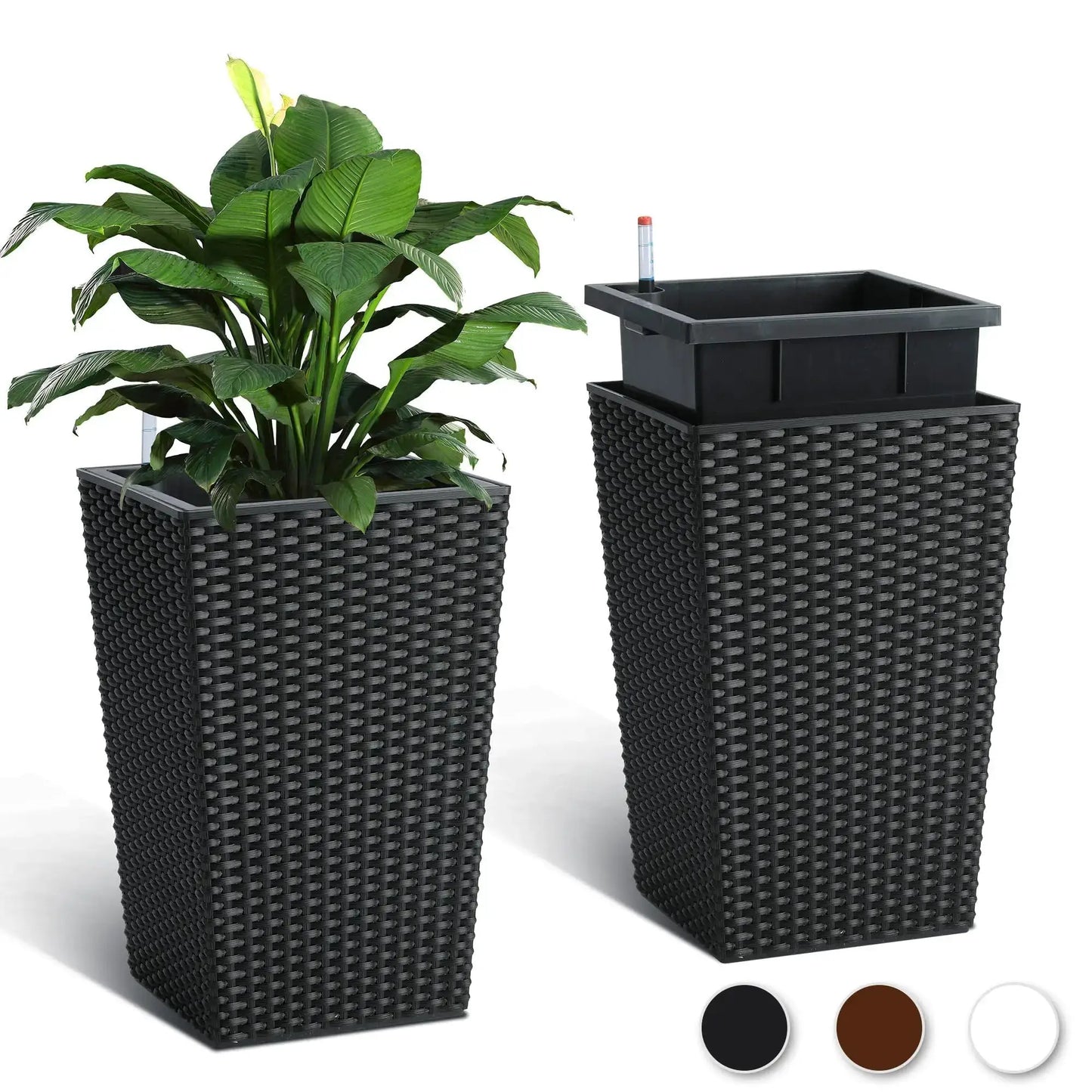 Set of 2 Black Tall Planters Self Watering Planter with Water Level Monitor, Trays 360° Wheels Standing Planter Pots from PriceLows™