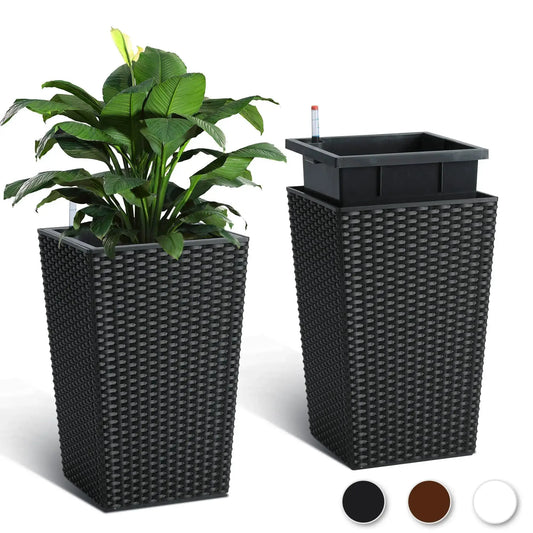 Set of 2 Black Tall Planters Self Watering Planter with Water Level Monitor, Trays 360° Wheels Standing Planter Pots from PriceLows™