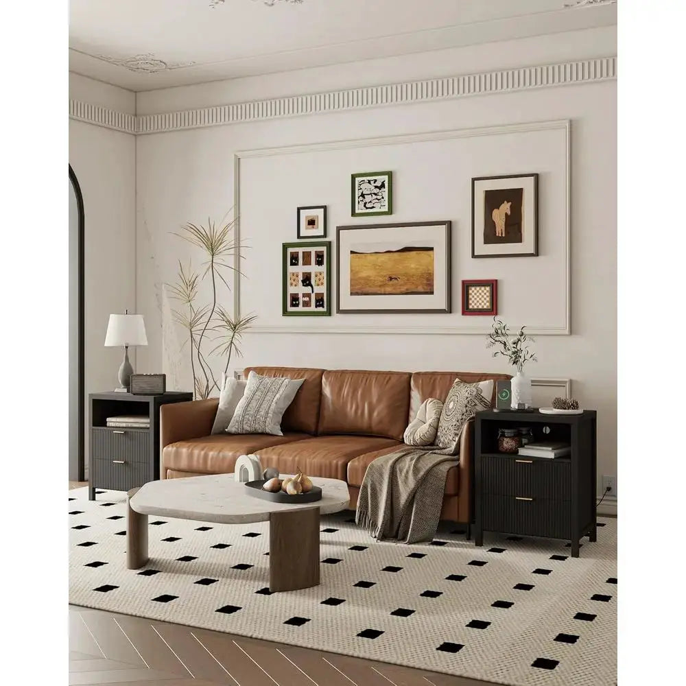 Black Charging Station Nightstand & 2 Storage Bedside Tables for Bedroom and Living Room from PriceLows™