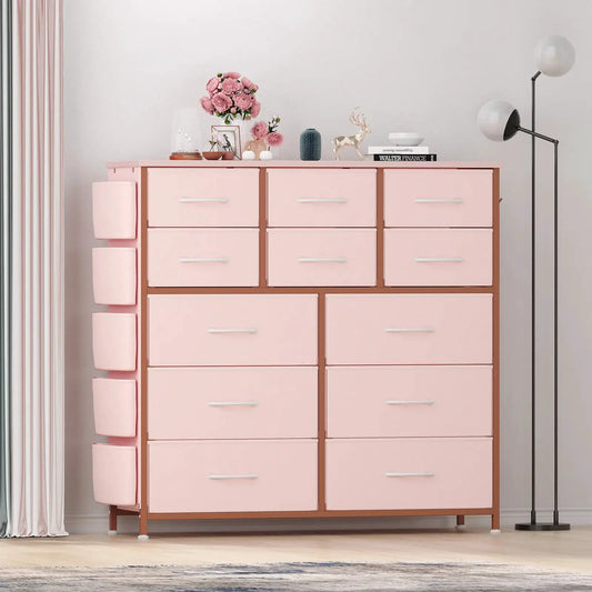 12-Drawer Dresser for Bedroom,Cloth Storage Tower,Fabric Storage Cabinet,Chest of Drawer with Side Pockets,Metal Frame,Wood Top from PriceLows™