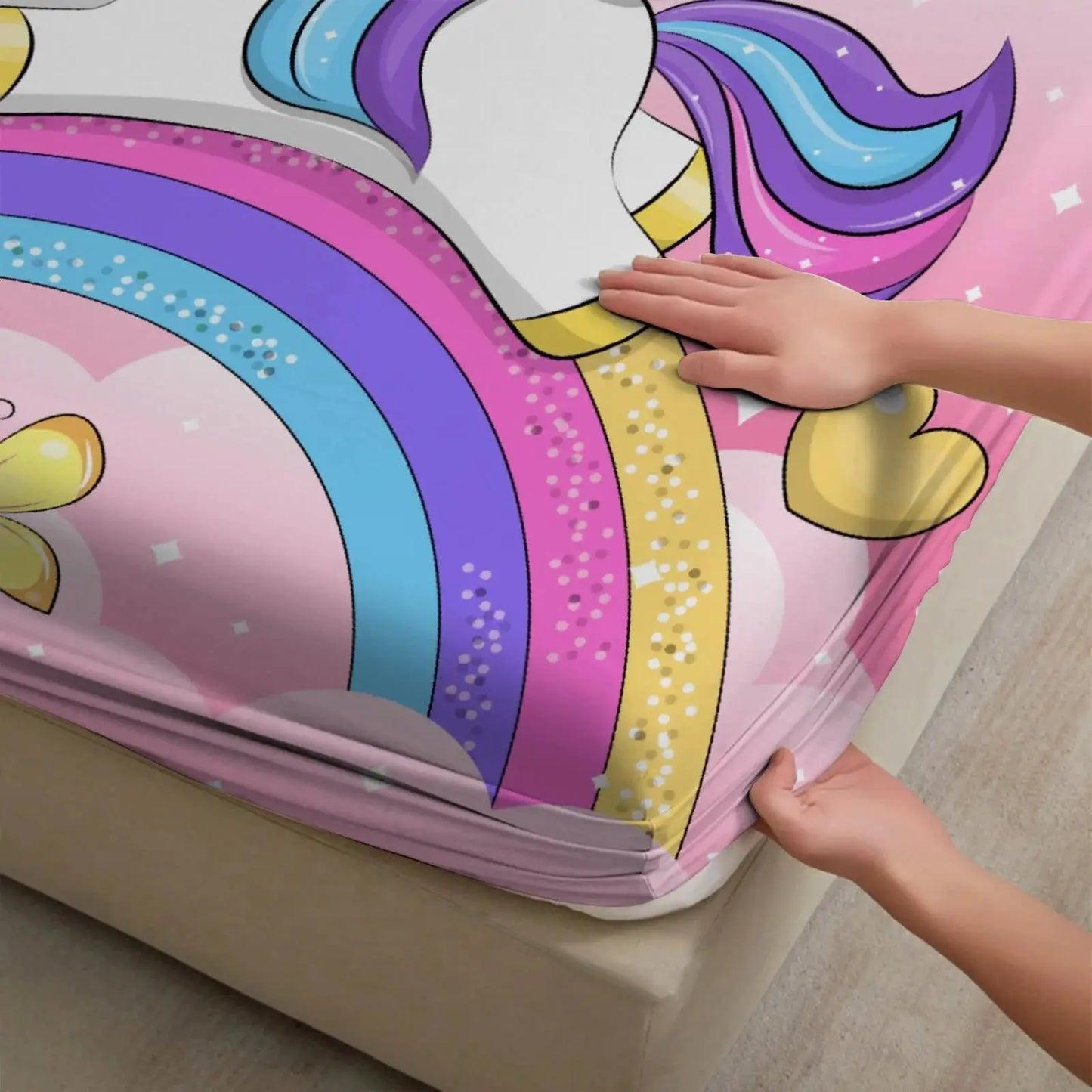 1pc Cartoon Unicorn on Rainbow Print Fitted Sheet Deep Pocket Elastic Mattress Cover Single Double Queen King Bedroom Decor from PriceLows™