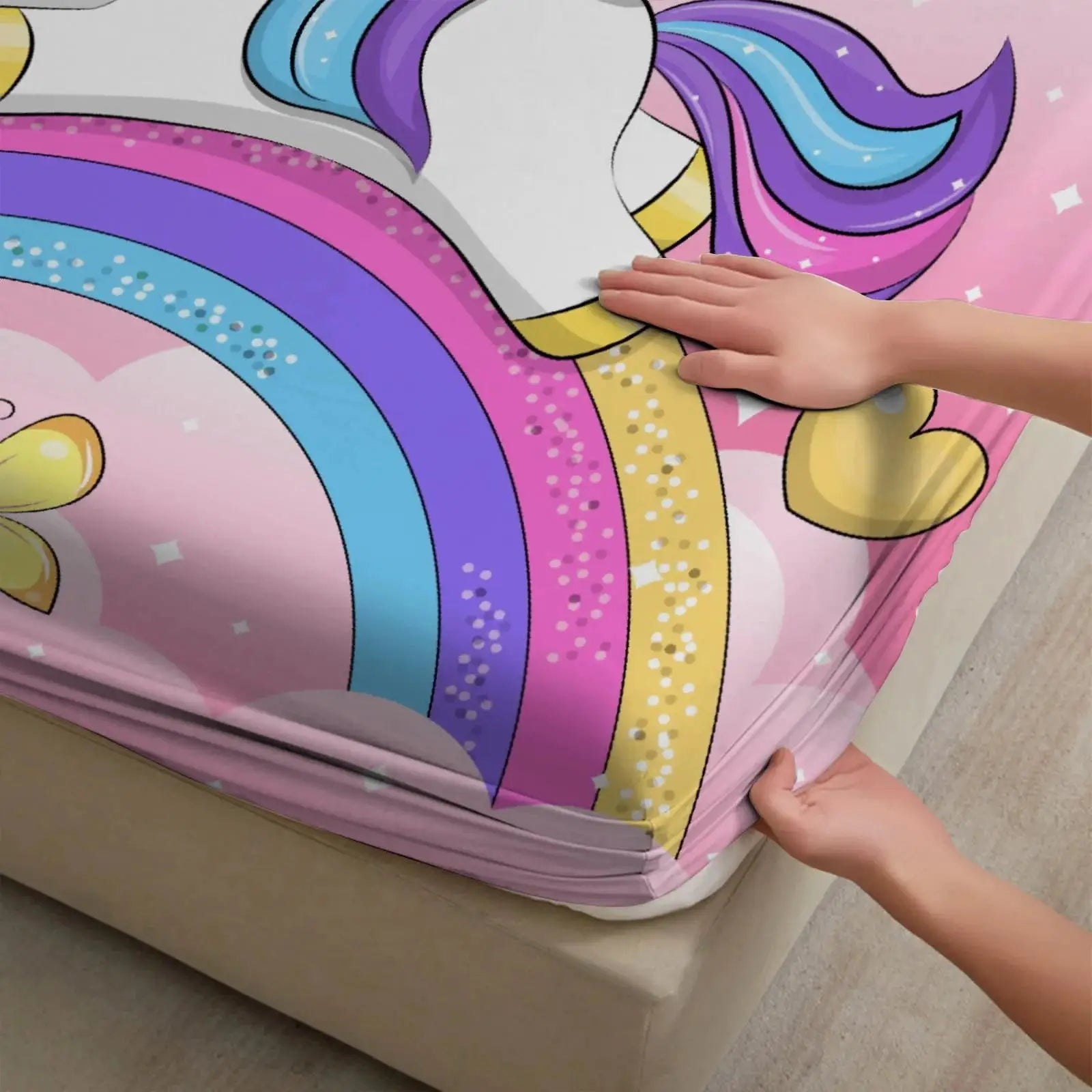 1pc Cartoon Unicorn on Rainbow Print Fitted Sheet Deep Pocket Elastic Mattress Cover Single Double Queen King Bedroom Decor from PriceLows™
