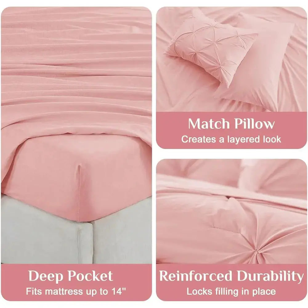 7-Piece Queen Comforter Set - All Season Pintuck Bedding with Sheet, Pillowcases, and Shams in Pink from PriceLows™
