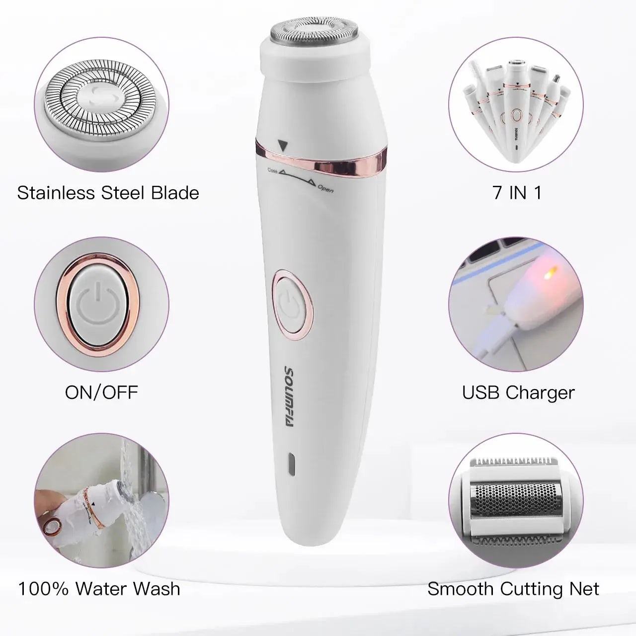 Solimpia Electric Epilator | 7 Function Rechargeable | Dry Wet Hair Removal