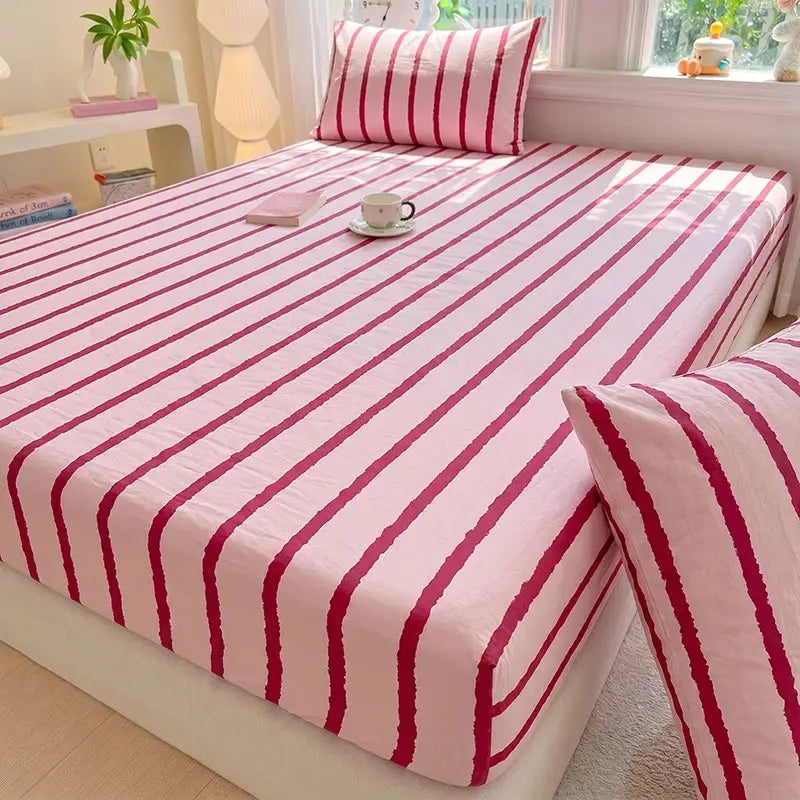 1pc Pink Blue Striped Fitted Sheet Deep Pocket Elastic Mattress Cover Single Double Queen King Bedroom Decor For Girls Boys from PriceLows™