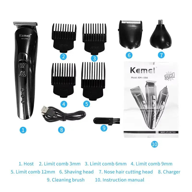 3 In 1 Electric Hair Clipper | USB Charging | Nose Hair Trimmer Shaver | KM-1506