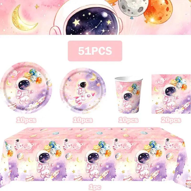 Astronaut Birthday Party Set | 61 Pcs Cup Plates Tablecloth