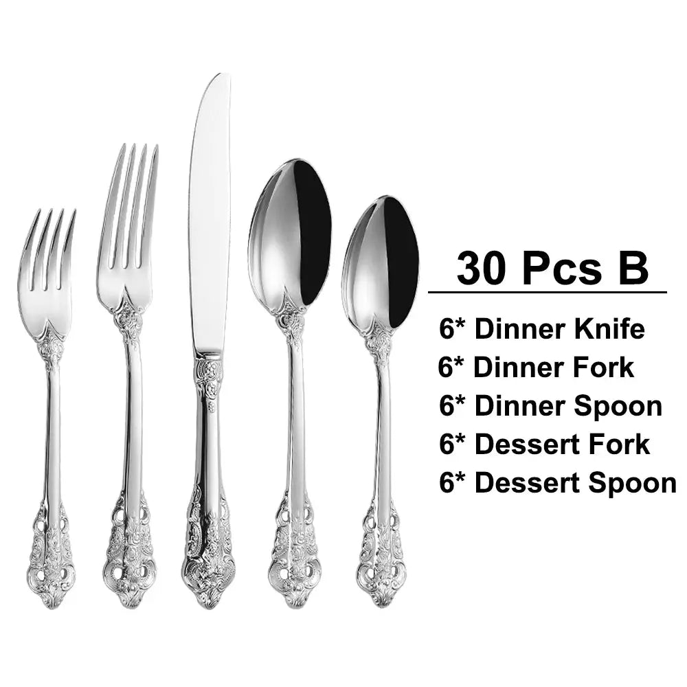 30 Pieces Gold Plated Luxury Cutlery Set Stainless Steel Vintage Western Tableware Sliver Knife Spoon Fork Set Kitchen Utensils from PriceLows™