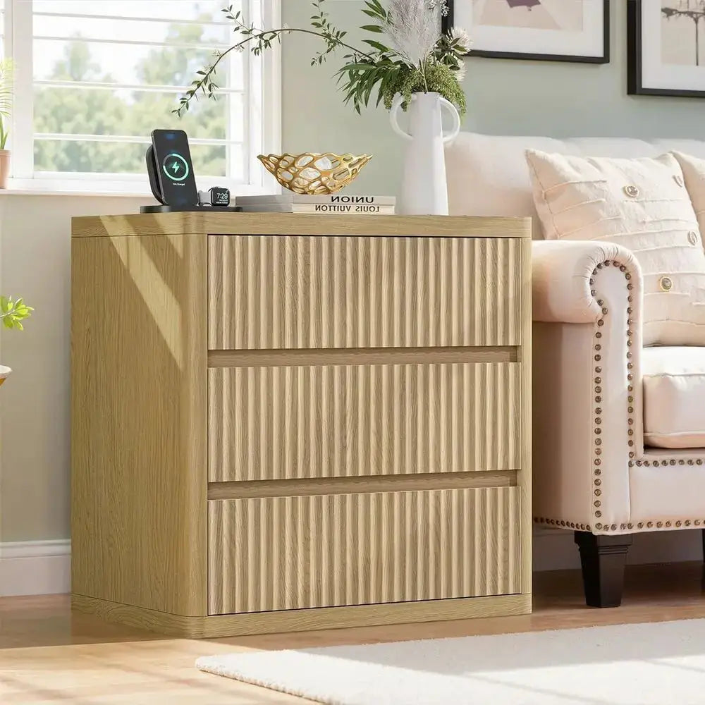 Natural Oak 2-Piece Nightstand Set with 3 Drawers, Storage Bed Table, Modern Curved Handle Design, 25 Wide from PriceLows™