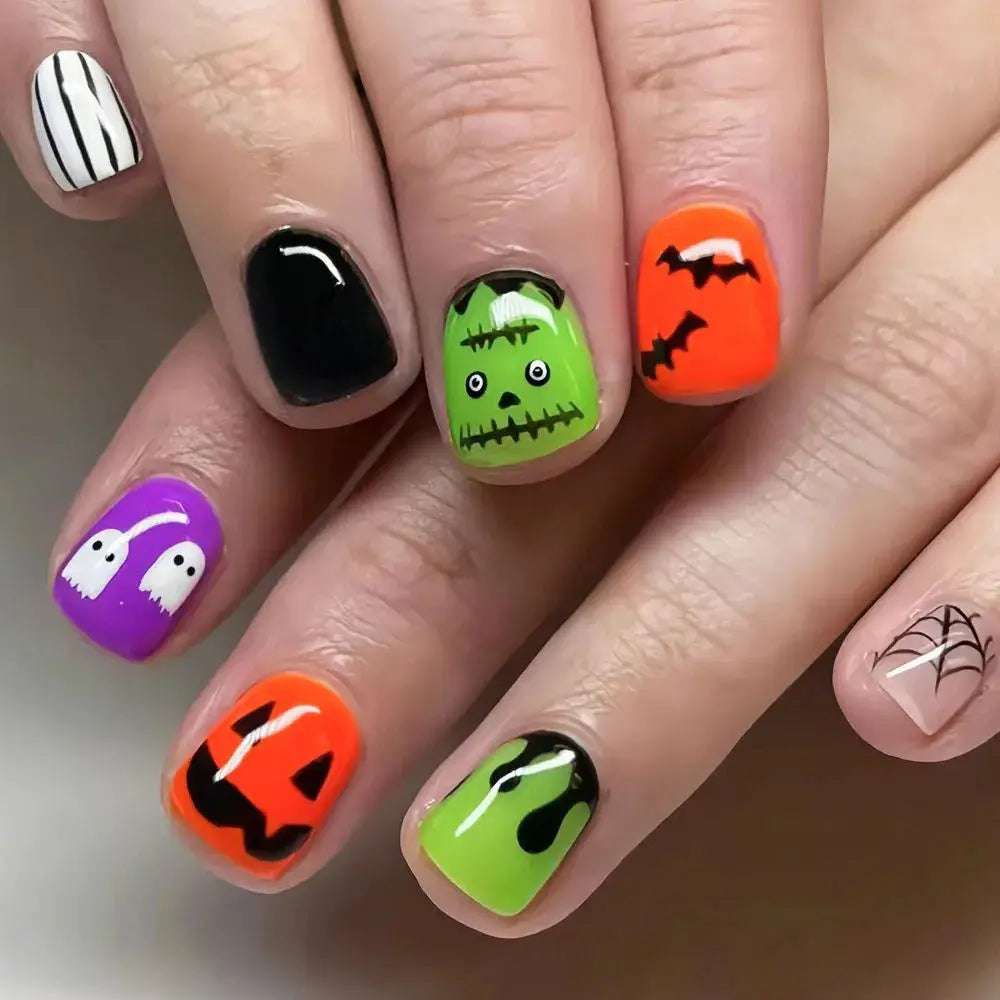 Press On Nails | Short Square | Red French Tip Spider Web | 24 Piece Set
