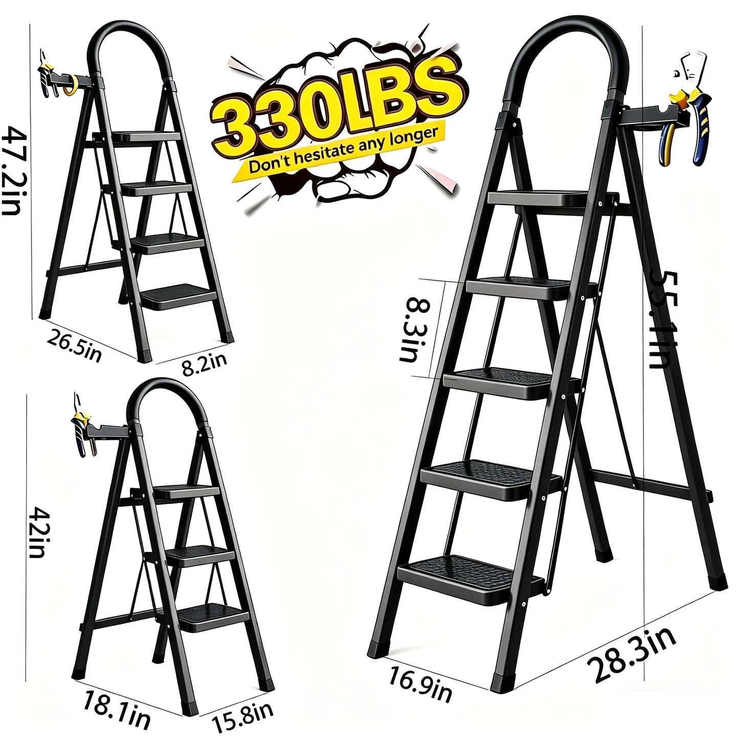 330lbs Load-bearing Folding Ladder | Heavy-duty Steel Step Stool with Anti-slip Wide Treads, Handrails, Safety Lock Design, Black And Red Color Scheme, Portable Multi-functional Ladder for Home And Kitchen Use-CVNU from PriceLows™