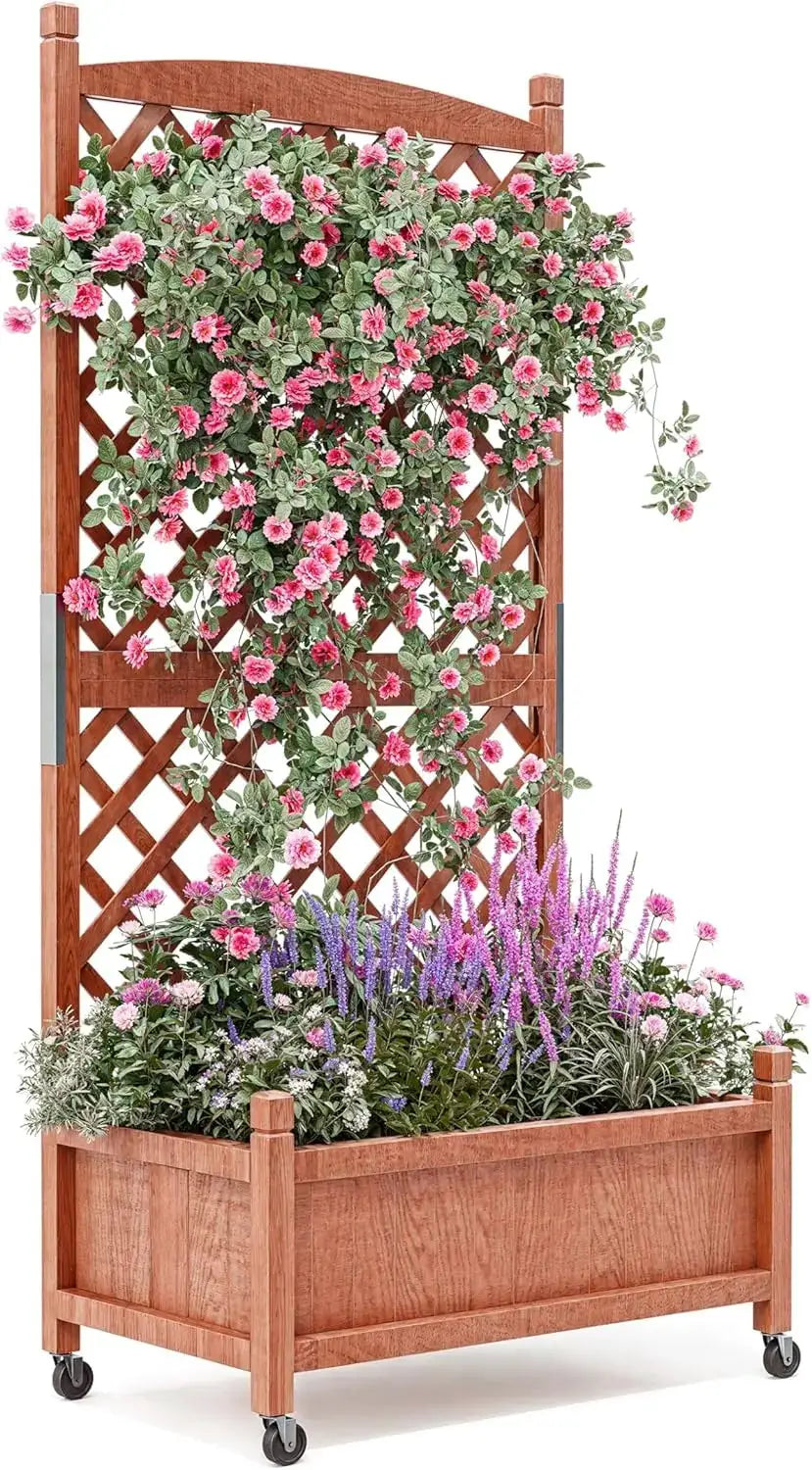 29.5" x 13"x 61.5" Wood Planter Box with Trellis for Plant & Flower, Raised Garden Bed with Wheels, Standing Vertical Ho from PriceLows™