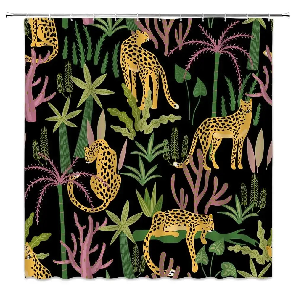 Boho Cheetah Shower Curtain,Tropical Leopard Wildlife Bath Curtain,Modern Pink Aesthetic Moon Phase Blue Floral Bathroom Curtain from PriceLows™