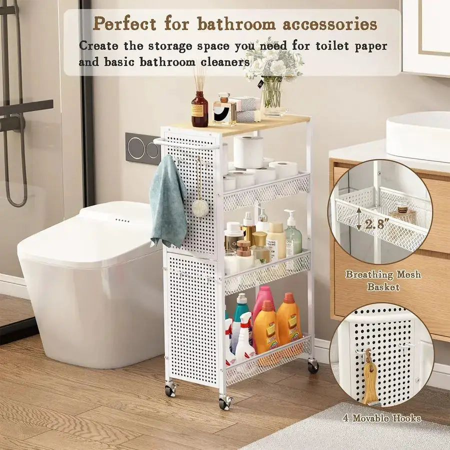Slim Storage Cart 4 Tier Small Rolling Kitchen Laundry Room Organization Cart with Wood Top Metal Narrow Laundry Room Shelves Ca from PriceLows™