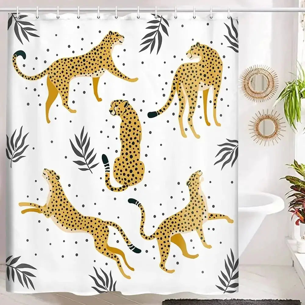 Boho Cheetah Shower Curtain,Tropical Leopard Wildlife Bath Curtain,Modern Pink Aesthetic Moon Phase Blue Floral Bathroom Curtain from PriceLows™